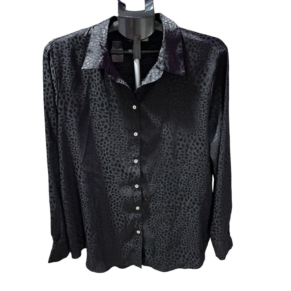 Chenault Leopard Print Satin Button Down Shirt Size Large Black
